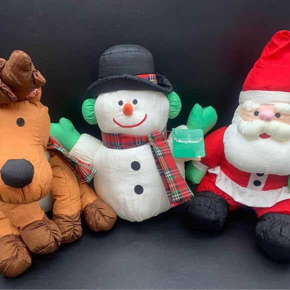 1993 Nylon Christmas Plush Santa Reindeer Snowman - Picture 1 of 2